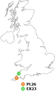 map showing distance between PL26 and EX23