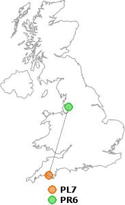 map showing distance between PL7 and PR6