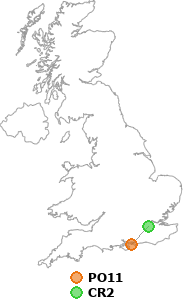 map showing distance between PO11 and CR2