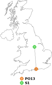 map showing distance between PO13 and S1