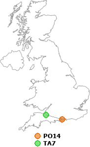 map showing distance between PO14 and TA7