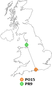map showing distance between PO15 and PR9