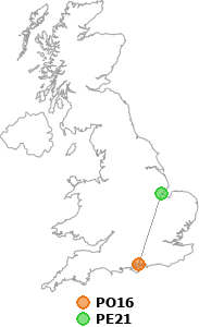 map showing distance between PO16 and PE21