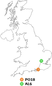 map showing distance between PO18 and AL6