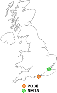 map showing distance between PO30 and RM18