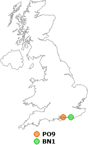 map showing distance between PO9 and BN1
