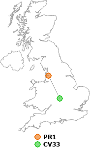 map showing distance between PR1 and CV33