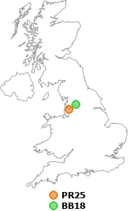 map showing distance between PR25 and BB18
