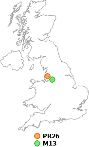 map showing distance between PR26 and M13
