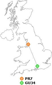 map showing distance between PR7 and GU34