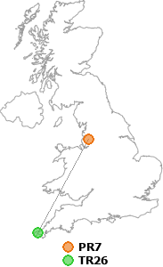 map showing distance between PR7 and TR26
