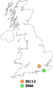 map showing distance between RG12 and BN8