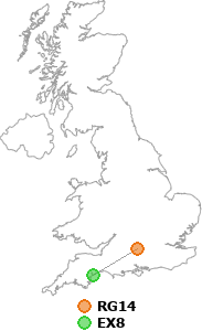 map showing distance between RG14 and EX8