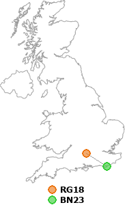 map showing distance between RG18 and BN23