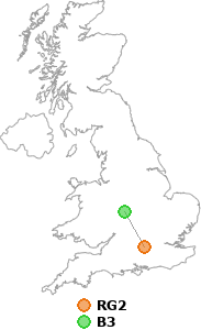 map showing distance between RG2 and B3
