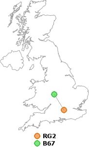 map showing distance between RG2 and B67