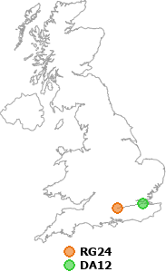 map showing distance between RG24 and DA12