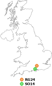 map showing distance between RG24 and SO14