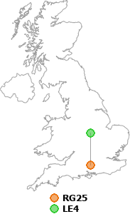 map showing distance between RG25 and LE4