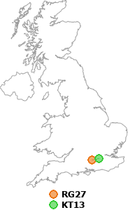 map showing distance between RG27 and KT13