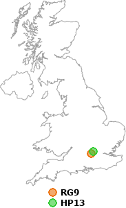 map showing distance between RG9 and HP13