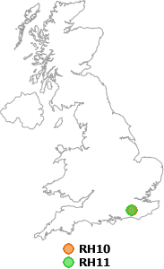 map showing distance between RH10 and RH11