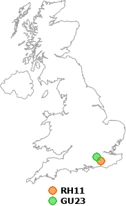 map showing distance between RH11 and GU23
