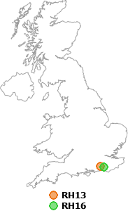 map showing distance between RH13 and RH16