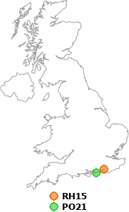 map showing distance between RH15 and PO21