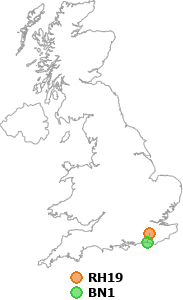map showing distance between RH19 and BN1