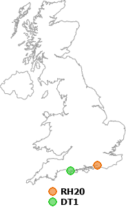 map showing distance between RH20 and DT1