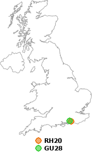 map showing distance between RH20 and GU28