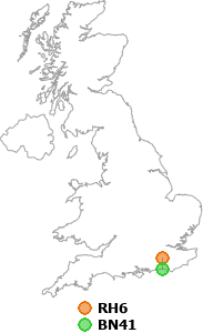 map showing distance between RH6 and BN41