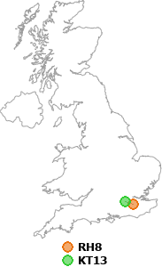 map showing distance between RH8 and KT13