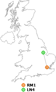 map showing distance between RM1 and LN4