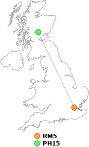 map showing distance between RM5 and PH15