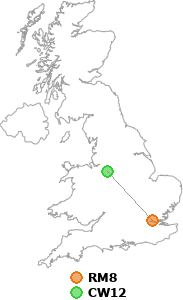 map showing distance between RM8 and CW12