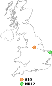 map showing distance between S10 and NR12