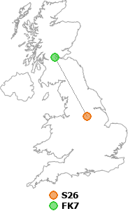 map showing distance between S26 and FK7