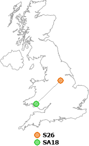 map showing distance between S26 and SA18