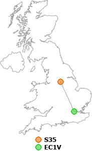 map showing distance between S35 and EC1V