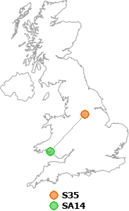 map showing distance between S35 and SA14