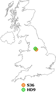 map showing distance between S36 and HD9