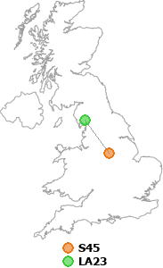 map showing distance between S45 and LA23