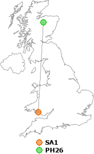 map showing distance between SA1 and PH26