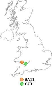 map showing distance between SA11 and CF3