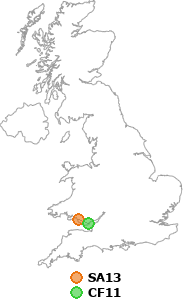 map showing distance between SA13 and CF11