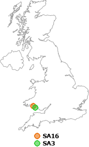 map showing distance between SA16 and SA3