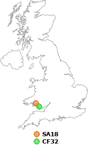 map showing distance between SA18 and CF32