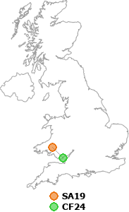 map showing distance between SA19 and CF24